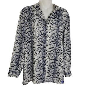 Vintage Da-Rue of California Womens Blouse Size 10P Button Front Blue Gray Print